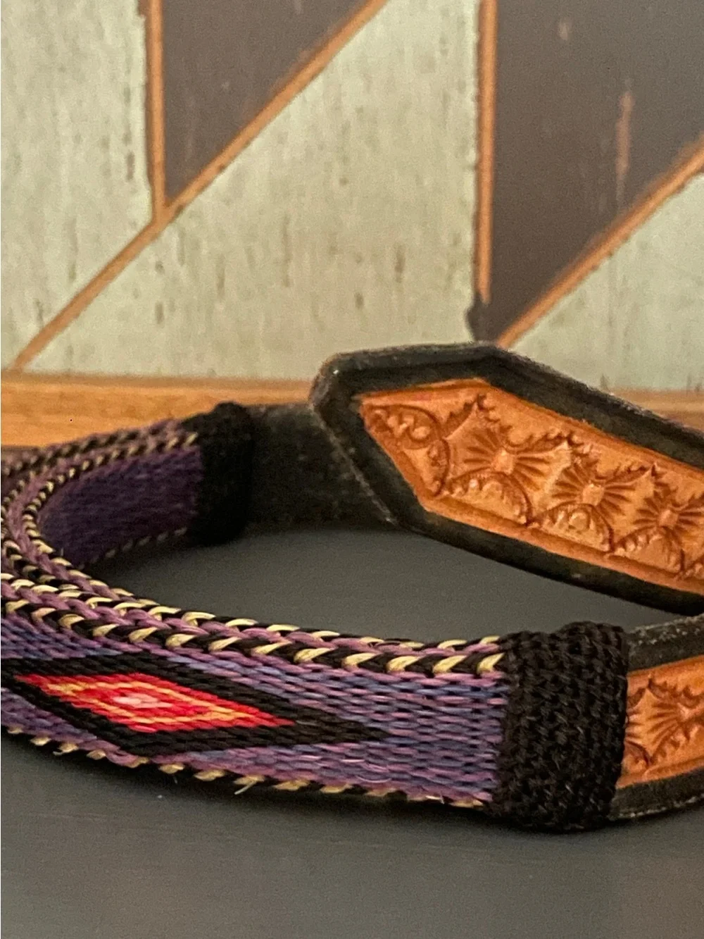 Vintage Hitched Horsehair Belt Purple Vibrant Diamond Pattern Tooled Leather 36